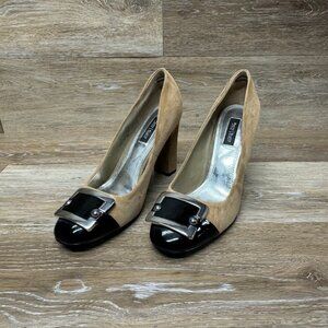 White House Black Market Theo Camel Suede/Black Patent Block Heel Women's Size 8